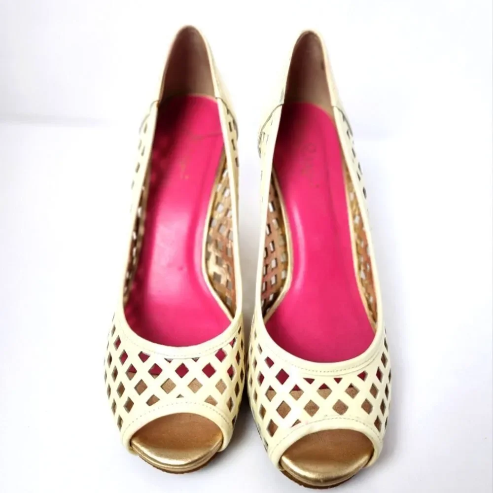 Lilly Pulitzer Resort Chic Basketweave Patent Leather Wedge Cream Size 9.5M US